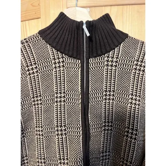 Lauren Ralph Lauren Brown Tan Houndstooth Plaid 100% Cotton Knit Zip Jacket XL - Picture 4 of 10